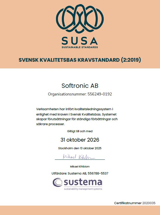 Softronics certifikat för SUSA - Svensk Kvalitetsbas Kravstandard